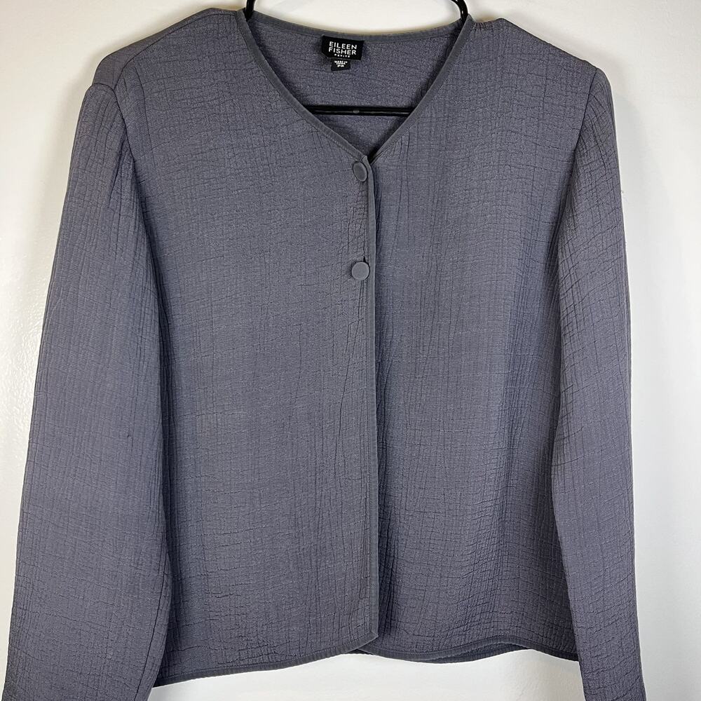 Eileen Fisher Graphite Gray Crinkle Silk Blend 2 Button Cardigan Jacket Topper S